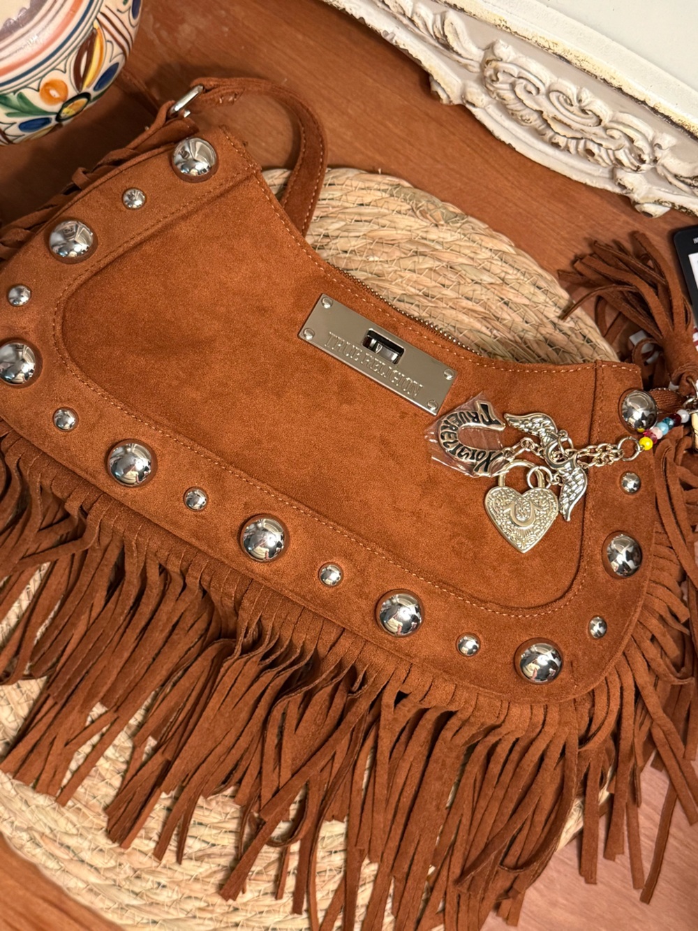 True Religion Rust Brown Suede Fringe Shoulder Bag with Studs - Picture 12 of 13